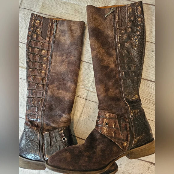 Donald J. Pliner Women 8.5 Brown Gale Knee-High Gator Suede Leather Riding Boots - Picture 8 of 12